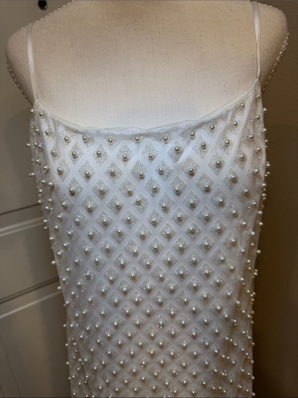 B Darlin White Pearl-Embellished Strapless-Look Spaghetti Strap Gown - Picture 4 of 9